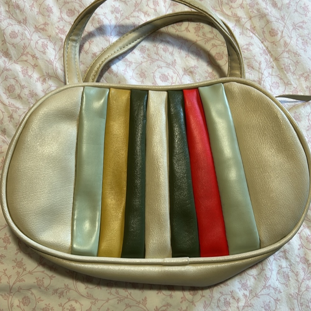 Vintage panel vinyl faux leather striped bag purse zippered top - Picture 2 of 5